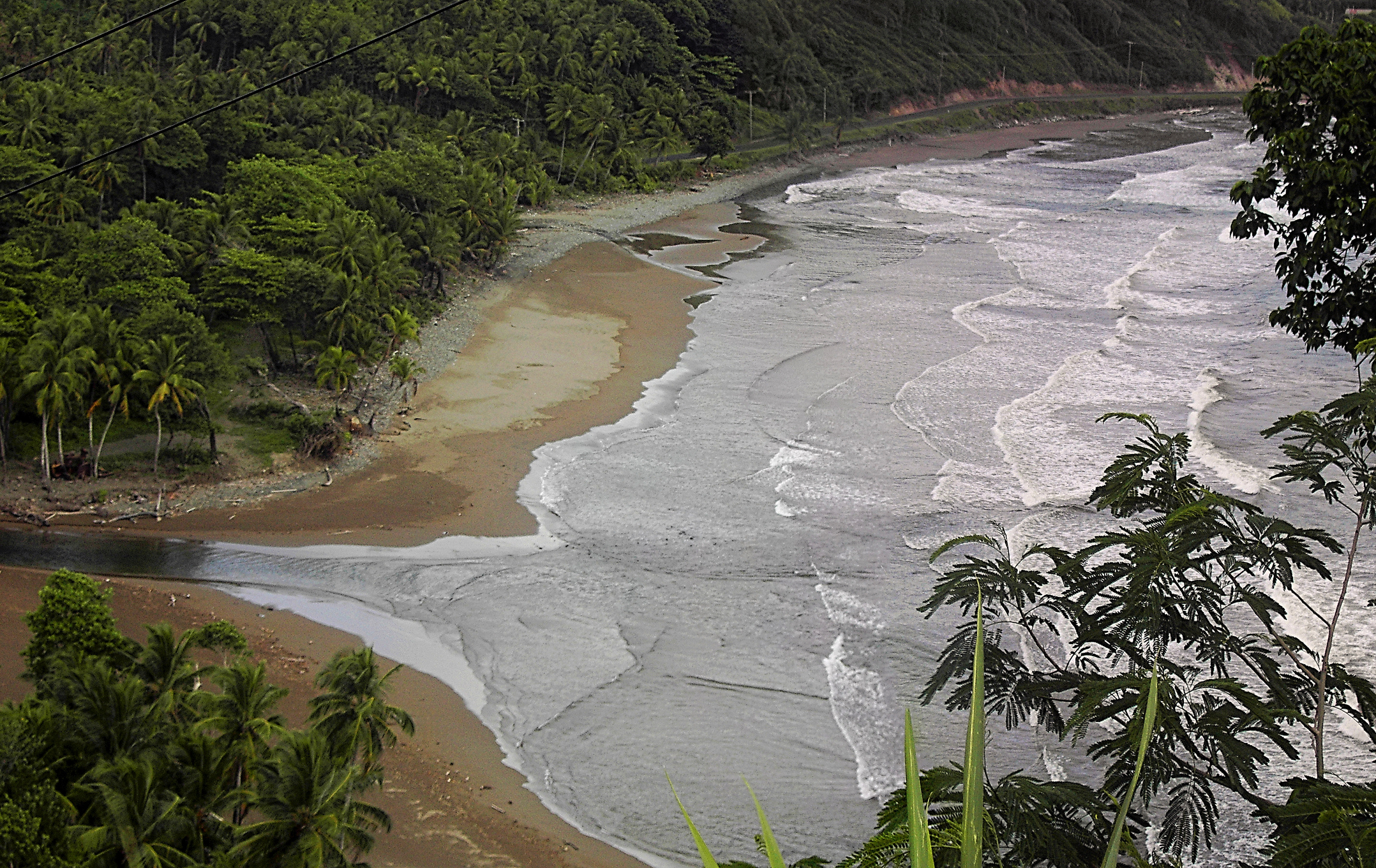 Pagua Bay on the east coast of Dominica, with forested headlands meeting the sea
