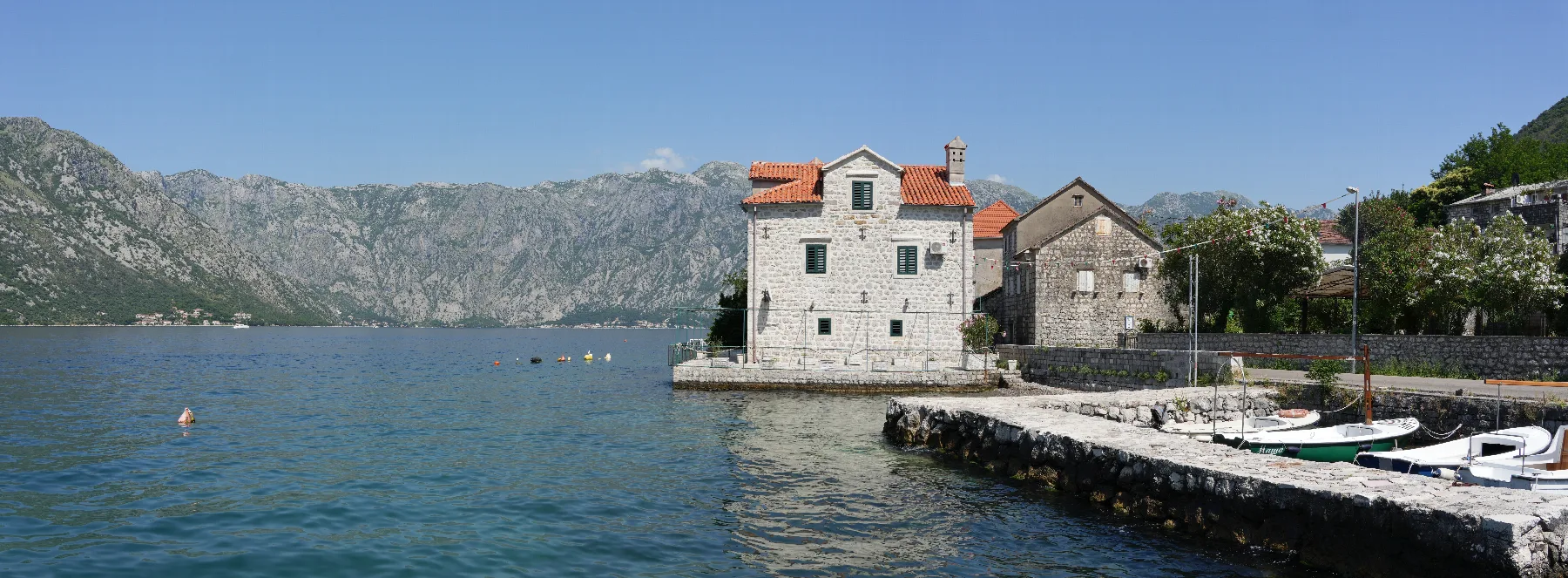 The Bay of Kotor seen from Stoliv, mountains falling to the waterline